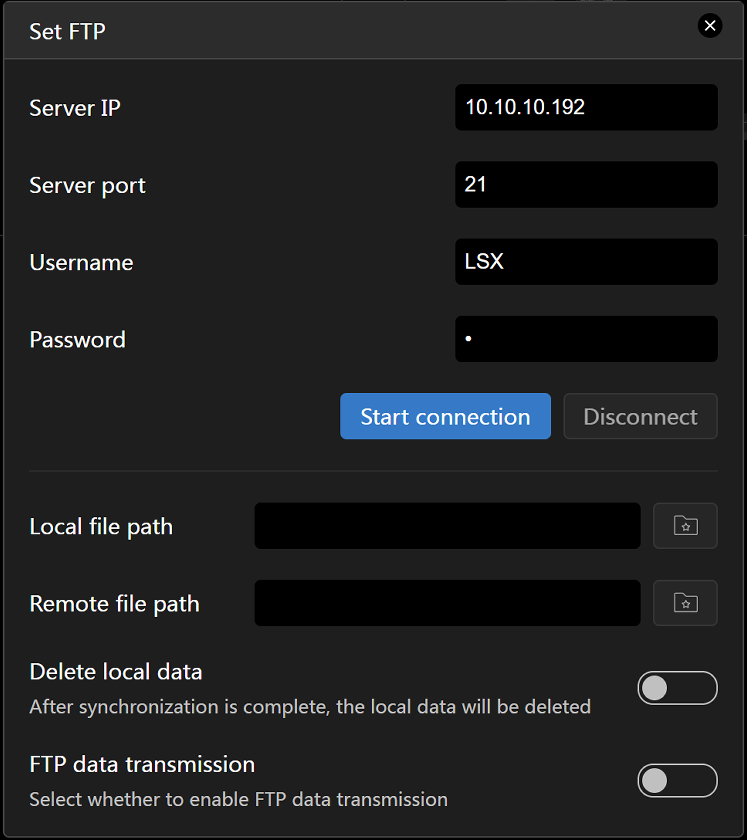 FTP configuration interface